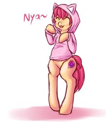 Size: 1050x1200 | Tagged: safe, artist:breeoche, apple bloom, earth pony, pony, semi-anthro, g4, cat ears, cat hoodie, clothes, colored sketch, cute, cute little fangs, dialogue, eyes closed, fangs, female, filly, foal, hoodie, nya, simple background, solo, standing, white background