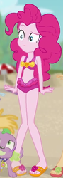 Size: 249x696 | Tagged: safe, edit, edited screencap, screencap, pinkie pie, spike, spike the regular dog, dog, equestria girls, equestria girls specials, g4, my little pony equestria girls: better together, my little pony equestria girls: forgotten friendship, clothes, cropped, feet, midriff, pinkie pie swimsuit, sandals, swimsuit, swimsuit edit