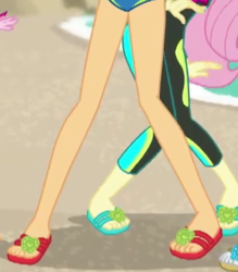 Size: 337x385 | Tagged: safe, screencap, applejack, fluttershy, equestria girls, equestria girls series, forgotten friendship, g4, clothes, cropped, feet, flip-flops, legs, pictures of legs, sandals, swimsuit, wetsuit