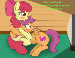 Size: 3300x2550 | Tagged: safe, artist:skyflys, apple bloom, scootaloo, g4, colored pupils, cute, cutie mark, female, high res, horror movie, lesbian, ship:scootabloom, shipping, snuggling, television, the cmc's cutie marks, troll 2