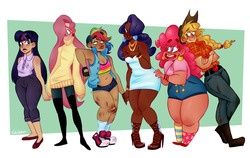 Size: 1280x809 | Tagged: safe, artist:mcnuggyy, applejack, fluttershy, pinkie pie, rainbow dash, rarity, twilight sparkle, human, g4, armpits, bandage, boots, chubby, clothes, converse, cowboy hat, dark skin, diverse body types, diversity, ear piercing, earring, eyeshadow, feet, female, flats, hairy legs, hat, high heels, humanized, jeans, jewelry, leg hair, lesbian, makeup, mane six, omniship, pants, piercing, polyamory, shoes, skinny, socks, stetson, stockings, striped socks, sweater, sweatershy, thick, thigh highs, thin