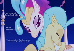 Size: 1053x729 | Tagged: safe, edit, edited screencap, editor:korora, screencap, princess skystar, queen novo, classical hippogriff, hippogriff, g4, my little pony: the movie, canterlot, cropped, female, hug, mother and daughter, pennant