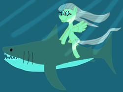 Size: 3166x2382 | Tagged: safe, artist:sb1991, fluttershy, great white shark, pegasus, pony, shark, g4, bubble, challenge, crepuscular rays, dorsal fin, equestria amino, fangs, female, fin, fins, fish tail, flowing mane, flowing tail, gills, green eyes, high res, holding breath, mare, ocean, open mouth, ponies riding sharks, riding, shark tail, sunlight, swimming, tail, teeth, underwater, water, watershy