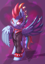 Size: 1728x2460 | Tagged: safe, artist:shad0w-galaxy, rainbow dash, pegasus, pony, g4, alternate hairstyle, bracelet, clothes, collar, feather piercing, female, jacket, jewelry, leather jacket, looking at you, mare, mascara, mohawk, piercing, punk, smiling, solo, spiked collar, spiked wristband, spikes, spiky hair, studded bracelet, wing piercing, wings, wristband, zipper