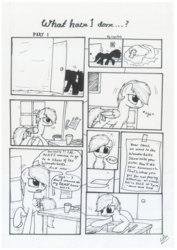 Size: 1024x1449 | Tagged: safe, artist:lupiarts, oc, oc only, oc:chess, comic:what have i done, angry, black and white, comic, cookie, desk, food, grayscale, homework, letter, monochrome, speech bubble, traditional art