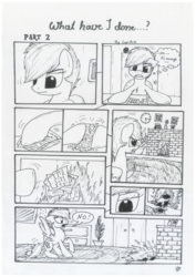 Size: 1024x1449 | Tagged: safe, artist:lupiarts, oc, oc only, oc:chess, comic:what have i done, black and white, comic, fire, grayscale, monochrome, oven, paper, speech bubble, traditional art
