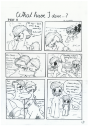 Size: 1024x1449 | Tagged: safe, artist:lupiarts, oc, oc only, oc:camilla curtain, oc:chess, oc:ron nail, oc:sally, comic:what have i done, black and white, comic, crying, family, grayscale, monochrome, running, sad, speech bubble, traditional art, tragic