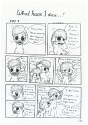 Size: 1024x1449 | Tagged: safe, artist:lupiarts, oc, oc only, oc:camilla curtain, oc:chess, oc:ron nail, oc:sally, comic:what have i done, black and white, comic, crying, grayscale, monochrome, speech bubble, traditional art, tragic