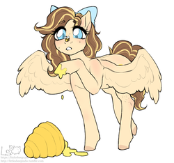 Size: 2800x2620 | Tagged: safe, artist:littlesheep, oc, oc only, bee, pegasus, pony, beehive, blushing, bow, food, high res, honey, solo