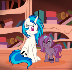 Size: 1024x992 | Tagged: safe, artist:marielle5breda, dj pon-3, vinyl scratch, oc, oc:dubstep, pony, unicorn, g4, earbuds, female, magic, magical lesbian spawn, mother and daughter, offspring, parent:tempest shadow, parent:vinyl scratch, silly, sitting