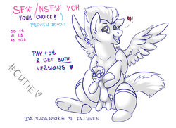 Size: 1826x1328 | Tagged: safe, artist:rudazmora, soarin', oc, earth pony, pegasus, pony, unicorn, g4, auction, colt, commission, commission info, heart, male, plushie, sexy, smiling, stallion, your character here