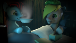 Size: 3840x2160 | Tagged: safe, artist:fiopon, oc, oc only, oc:fiopon, pony, 3d, bed, bedroom, book, food, high res, mouth hold, night, sick, soup, source filmmaker, television, thermometer, tissue, tissue box