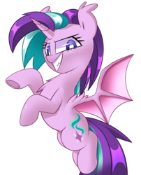 Size: 1662x2062 | Tagged: safe, artist:php69, starlight glimmer, alicorn, bat pony, bat pony alicorn, pony, g4, bat ponified, evil smile, fangs, female, grin, mare, race swap, simple background, smiling, solo, transparent background