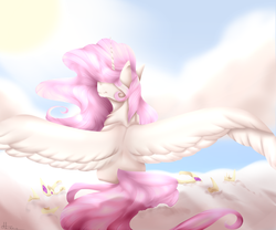 Size: 1024x853 | Tagged: safe, artist:sheetanii, princess celestia, alicorn, pony, g4, cloud, female, mare, pink-mane celestia, rear view, smiling, solo, spread wings, wings, younger