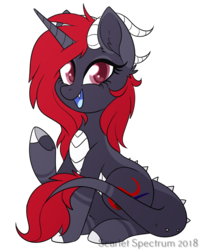 Size: 1024x1288 | Tagged: safe, artist:scarlet-spectrum, oc, oc only, oc:scarlet spectrum, dracony, hybrid, pony, unicorn, ear fluff, fangs, female, horns, looking at you, mare, open mouth, simple background, sitting, smiling, transparent background, underhoof