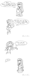Size: 2400x6135 | Tagged: safe, artist:overlordneon, sunset shimmer, twilight sparkle, human, equestria girls, g4, accessory swap, accessory theft, alternate clothes, comic, dialogue, female, humanized, lesbian, monochrome, ship:sunsetsparkle, shipping, simple background, sketch, smiling, white background