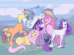 Size: 1600x1200 | Tagged: safe, artist:sillyrapids, applejack, fluttershy, pinkie pie, rainbow dash, rarity, twilight sparkle, classical unicorn, earth pony, horse, pegasus, pony, unicorn, g4, applejack's hat, cloud, cloven hooves, colored hooves, cowboy hat, curved horn, female, hat, horn, leonine tail, looking at you, mane six, mare, mouth hold, signature, unicorn twilight, unshorn fetlocks