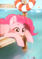 Size: 1440x1990 | Tagged: safe, artist:dagmell, pinkie pie, earth pony, fish, pony, g4, chromatic aberration, dock, female, life preserver, looking down, mare, ocean, pier, prone, solo, water