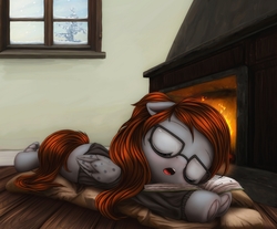 Size: 1303x1080 | Tagged: source needed, useless source url, safe, artist:darkstylerz, oc, oc only, pegasus, pony, book, clothes, cute, eyes closed, female, fire, fireplace, floppy ears, folded wings, frog (hoof), glasses, harpers illustrated biochemistry, hooves, indoors, ocbetes, sleeping, snow, solo, underhoof, window, wings