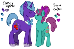 Size: 1215x810 | Tagged: safe, artist:chelseawest, oc, oc only, oc:candy apple, oc:sugar cookie, pony, unicorn, bow, bowtie, female, hair bow, male, mare, nuzzling, simple background, stallion, transparent background