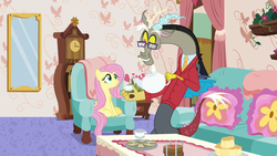 Size: 1280x720 | Tagged: safe, screencap, discord, fluttershy, pony, discordant harmony, g4, clock, clothes, couch, food, glasses, mirror, pants, sandwich, sitting, sweater, tea
