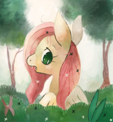 Size: 461x502 | Tagged: safe, artist:svartirhestar, fluttershy, pegasus, pony, g4, bush, bust, female, looking at you, looking back, looking back at you, open mouth, portrait, rear view, solo, tree, turned head, wings