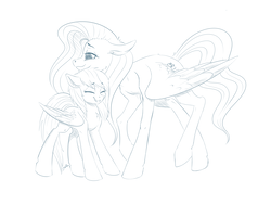 Size: 2865x2171 | Tagged: safe, artist:faline-art, fluttershy, rainbow dash, pegasus, pony, g4, cute, diverse body types, duo, eyes closed, female, floppy ears, height difference, high res, lesbian, lineart, mare, monochrome, ship:flutterdash, shipping, simple background, size difference, smiling, smoldash, tallershy, white background, wings, younger