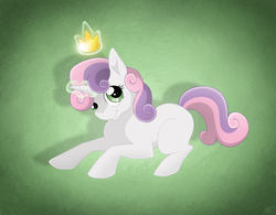 Size: 1280x1000 | Tagged: safe, artist:rookuna, sweetie belle, pony, unicorn, g4, crown, cute, diasweetes, female, filly, glowing, glowing horn, green background, horn, levitation, magic, regalia, simple background, smiling, solo, sweetie belle's magic brings a great big smile, telekinesis