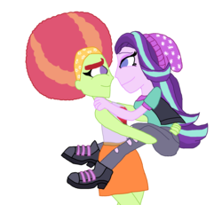 Size: 2000x1849 | Tagged: safe, artist:ktd1993, starlight glimmer, tree hugger, equestria girls, g4, afro, beanie, carrying, equestria girls-ified, female, hat, lesbian, shipping, simple background, starhugger, transparent background