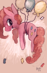 Size: 792x1224 | Tagged: safe, artist:blekc, pinkie pie, earth pony, pony, g4, balloon, female, floating, looking at you, mare, profile, smiling, solo, then watch her balloons lift her up to the sky
