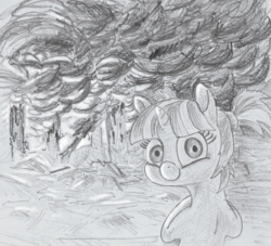 Size: 867x788 | Tagged: safe, artist:t72b, derpibooru exclusive, starlight glimmer, g4, burning, creepy, creepy smile, disaster girl, female, filly, filly starlight glimmer, fire, looking back, monochrome, nightmare fuel, smiling, smoke, solo, this is fine, traditional art, younger