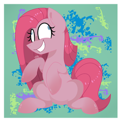Size: 1000x1000 | Tagged: safe, artist:vale-bandicoot96, pinkie pie, earth pony, pony, g4, abstract background, derp, female, grin, insanity, pinkamena diane pie, shrunken pupils, smiling, solo
