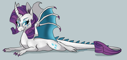 Size: 2000x940 | Tagged: safe, artist:cobracookies, rarity, dragon, g4, claws, cutie mark, dragoness, dragonified, female, gray background, horn, looking at you, prone, raridragon, scales, simple background, solo, species swap, wings