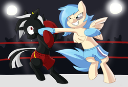 Size: 1470x1000 | Tagged: safe, artist:cobracookies, oc, oc only, oc:k.o., oc:slugger, pegasus, pony, unicorn, boxing, boxing gloves, bruised, clothes, duo, ear piercing, earring, fight, grin, horn, jewelry, lights, piercing, punch, smiling, sports, trunks, wings