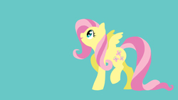 Size: 1600x900 | Tagged: safe, artist:cobracookies, fluttershy, pegasus, pony, g4, cutie mark, female, lineless, simple background, smiling, solo, teal background, wallpaper, wings