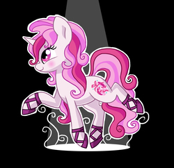 Size: 2000x1934 | Tagged: safe, artist:cobracookies, oc, oc only, oc:graceful slippers, pony, unicorn, ballet slippers, black background, clothes, cutie mark, female, horn, simple background, slippers, solo, spotlight, walking