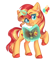 Size: 1393x1560 | Tagged: safe, artist:sannykat, sunset shimmer, pony, unicorn, g4, book, cute, ear fluff, female, glowing horn, horn, looking at you, magic, mare, raised hoof, shimmerbetes, simple background, smiling, solo, sunset's journal, telekinesis, transparent background