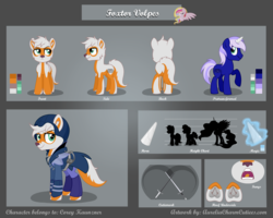 Size: 5377x4306 | Tagged: safe, artist:raspberrystudios, oc, oc only, oc:foxtor volpes, earth pony, fox, fox pony, hybrid, original species, pony, unicorn, absurd resolution, assassin's creed, reference sheet