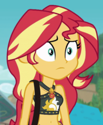 Size: 709x860 | Tagged: safe, screencap, sunset shimmer, equestria girls, equestria girls series, forgotten friendship, g4, belly button, bikini, bikini top, clothes, female, geode of empathy, midriff, solo, summer sunset, swimsuit