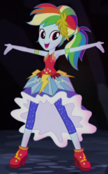 Size: 316x510 | Tagged: safe, screencap, rainbow dash, equestria girls, g4, my little pony equestria girls: legend of everfree, armpits, cave, clothes, cropped, crystal ball, cute, dashabetes, dress, female, open mouth, rainbow dash always dresses in style, solo
