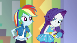 Size: 1280x720 | Tagged: safe, screencap, rainbow dash, rarity, a fine line, equestria girls, g4, my little pony equestria girls: better together, clothes, female, geode of shielding, geode of super speed, lidded eyes, magical geodes, makeup, pants, raised eyebrow, wristband