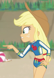 Size: 601x871 | Tagged: safe, screencap, applejack, equestria girls, equestria girls series, forgotten friendship, g4, applejack's hat, belly button, clothes, cowboy hat, female, geode of super strength, hat, midriff, pointing, solo, swimsuit