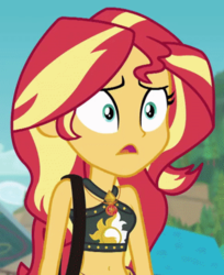 Size: 694x849 | Tagged: safe, sunset shimmer, equestria girls, equestria girls series, forgotten friendship, g4, belly button, clothes, female, geode of empathy, midriff, open mouth, solo, summer sunset, swimsuit