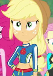 Size: 628x901 | Tagged: safe, screencap, applejack, equestria girls, equestria girls series, forgotten friendship, g4, belly button, clothes, cropped, geode of super strength, midriff, swimsuit