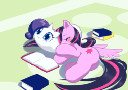 Size: 1419x1000 | Tagged: safe, artist:unousaya, rarity, twilight sparkle, alicorn, pony, g4, blushing, body pillow, bolster pillow, book, butt, cute, eyes closed, female, implied lesbian, implied rarilight, implied shipping, lesbian, mare, on side, pillow, plot, plushie, raribetes, rarity is a marshmallow, ship:rarilight, shipping, sleeping, smiling, solo, spread wings, that pony sure does love books, twiabetes, twilight sparkle (alicorn), wat, wings