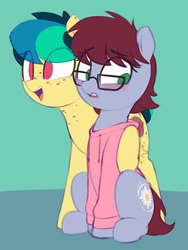 Size: 1176x1562 | Tagged: safe, artist:shinodage, oc, oc only, oc:apogee, oc:daisy cutter, earth pony, pegasus, pony, blushing, braces, clothes, cute, duo, female, filly, freckles, glasses, hoodie, hoof on shoulder, ocbetes, sitting