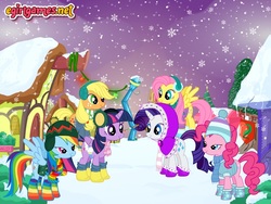 Size: 800x600 | Tagged: safe, artist:user15432, applejack, fluttershy, pinkie pie, rainbow dash, rarity, twilight sparkle, alicorn, pony, g4, bundled up for winter, clothes, dressup, dressup game, earmuffs, egirlgames.net, mane six, rainbow socks, scarf, snow, snowfall, snowflake, socks, striped socks, twilight sparkle (alicorn), warm clothing, winter, winter outfit, wintertime