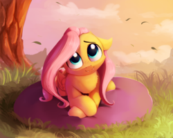 Size: 2500x2000 | Tagged: safe, artist:miokomata, fluttershy, pegasus, pony, g4, cute, cute little fangs, fangs, female, floppy ears, fluffy, head tilt, high res, hnnng, looking at you, looking up, mare, outdoors, pillow, prone, shyabetes, smiling, solo, weapons-grade cute