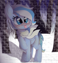 Size: 1891x2085 | Tagged: safe, artist:donutnerd, oc, oc only, oc:falling skies, blushing, clothes, cold, cute, freckles, nature, night, ocbetes, raised hoof, scarf, snow, snowflake, solo, tongue out, tree, wind, winter, ych result