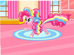 Size: 800x600 | Tagged: safe, pinkie pie, earth pony, pony, g4, bedroom, bow, female, hair bow, rainbow hair, rainbow power, rainbow power-ified, rainbow trail, solo, starsue